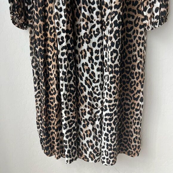 Ganni Leopard Animal Print Brown Georgette Smocked Long Sleeve Midi Dress Size 4 - Picture 5 of 11